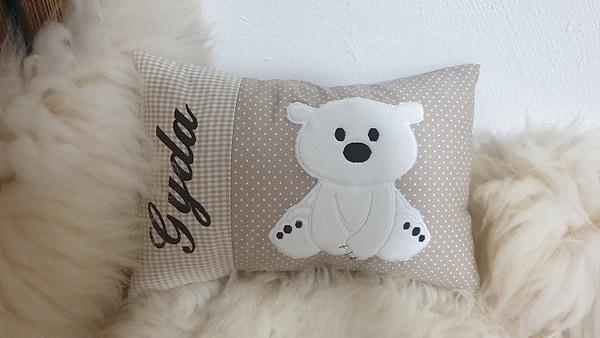 Kissen Bär Eisbär Karo Punkte beige & Wunschnamen W831