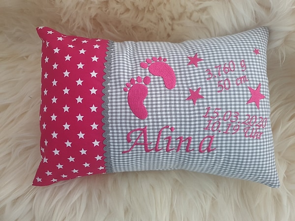 Kissen Füsschen Sterne pink grau & Wunschnamen W945