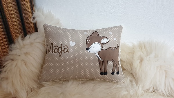 Kissen Taufkissen Reh Kitz beige (dunkel) Punkte & Wunschnamen W740