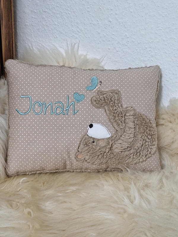 Kissen Taufkissen Bär Teddy Schmetterling beige (hell) Punkte mint & Wunschnamen W1580