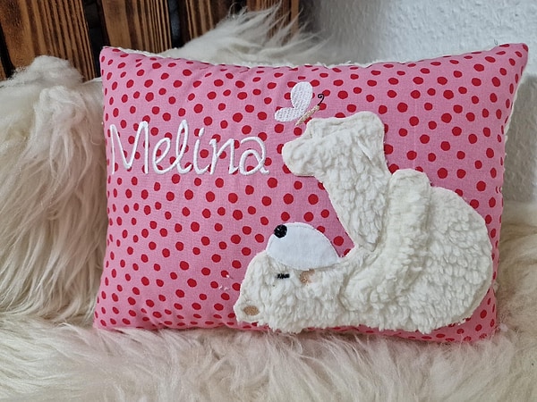 Kissen Taufkissen Bär Teddy Eisbär Schmetterling Dots rosa rot & Wunschnamen W971