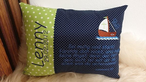 Taufkissen Kissen Taufspruch Spruch Boot Sterne grün Punkte dunkelblau & Wunschnamen W718