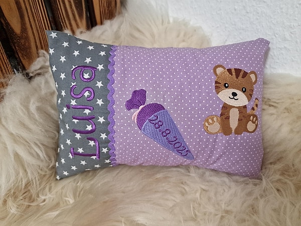 Kissen Schultüte Tiger Einschulung Sterne grau Punkte flieder & Wunschnamen W1872