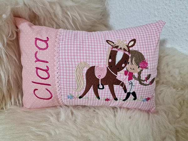 Kissen Pferd Reiterin Punkte rosa Karo rosa & Wunschnamen W1269