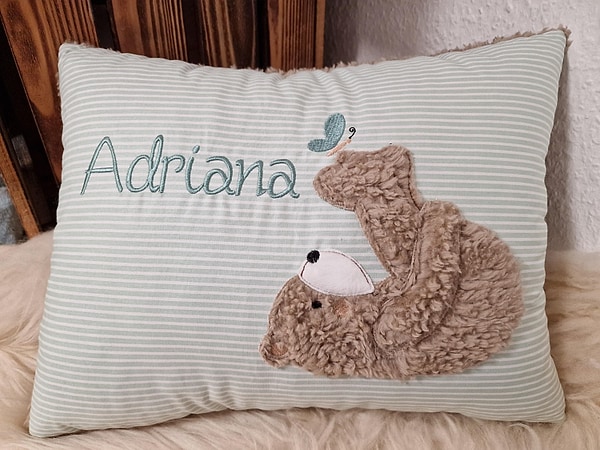 Kissen Taufkissen Bär Teddy Schmetterling mint Streifen (kräftig) & Wunschnamen W988