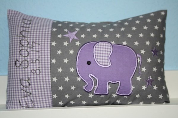 Kissen Elefant Karo flieder Sterne grau & Wunschnamen W1190