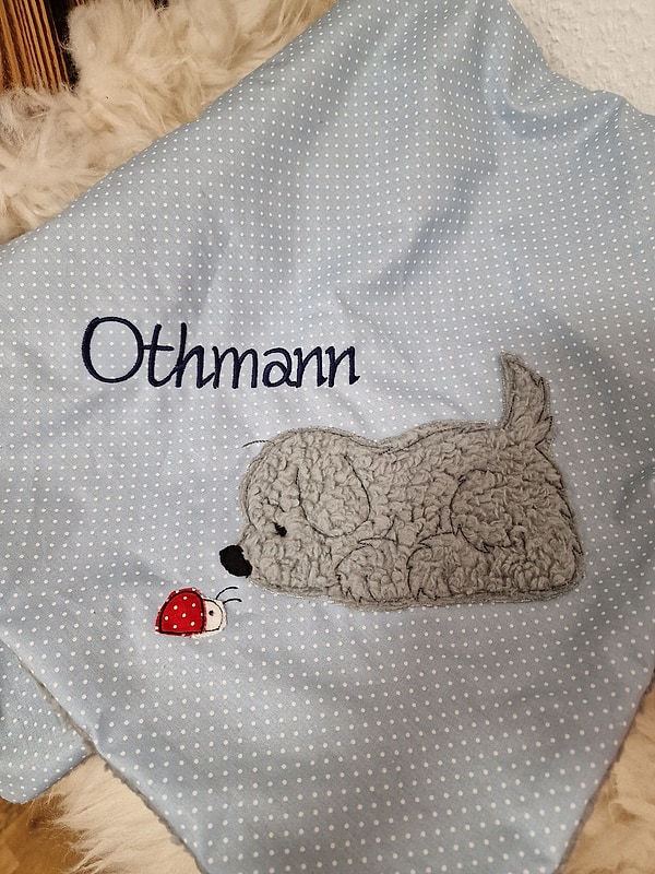 Babydecke Decke Kuscheldecke Hund Marienkäfer Punkte hellblau & Wunschnamen W53