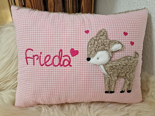 Kissen Taufkissen Reh Kitz rosa Karo Plüsch & Wunschnamen W1476