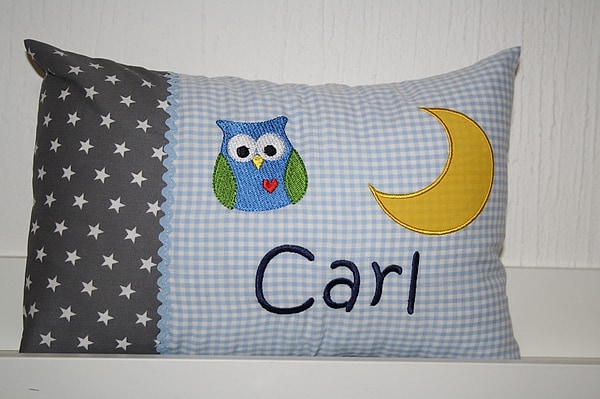 Kissen Eule Mond Sterne grau Karo hellblau & Wunschnamen W758