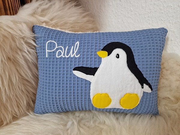 Kissen Taufkissen Pinguin Waffel jeansblau & Wunschnamen W846