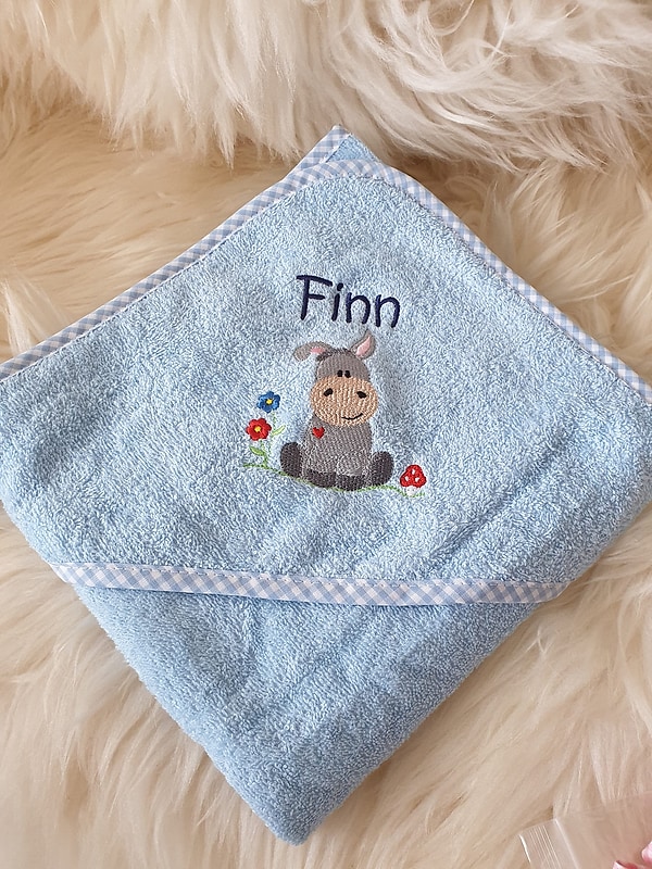 Babybadetuch Kapuzenhandtuch hellblau Esel Eselchen & Wunschname W435