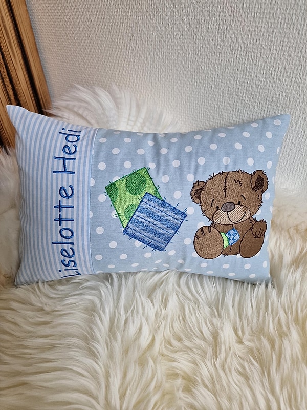 Kissen Teddy Bär Flickenbär blaue Streifen Dots hellblau & Wunschnamen W1408