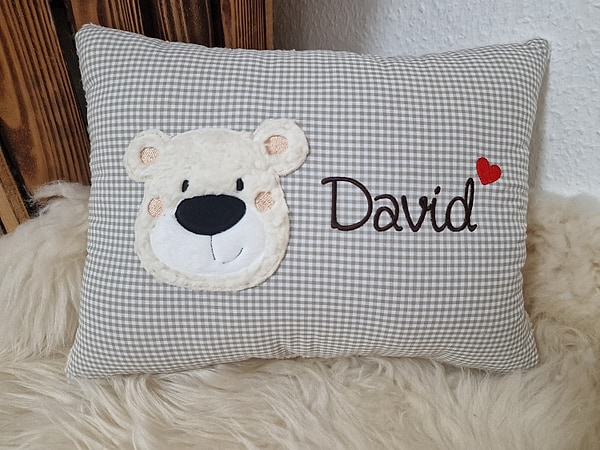 Kissen Taufkissen Bär Teddy Gesicht beige Karo & Wunschnamen W823
