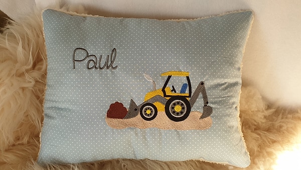 Kissen Taufkissen Bagger blaue Punkte & Wunschnamen W766