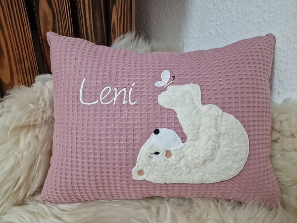 Kissen Taufkissen Bär Teddy Eisbär Schmetterling altrosa Waffel & Wunschnamen W723