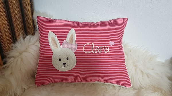 Kissen Taufkissen Hase Hasenmädchen rosa Streifen & Wunschnamen W1010