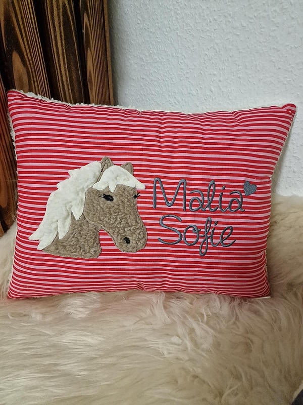 Kissen Taufkissen Pferd Pony rosa rot Streifen & Wunschnamen W778