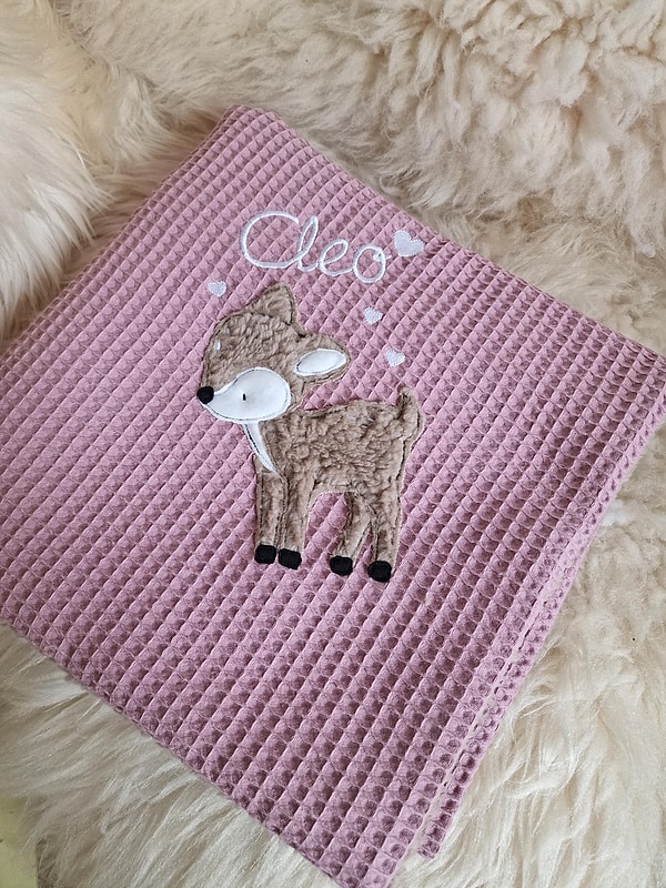 Babydecke Decke Kuscheldecke Reh Waffel Waffelpique altrosa & Wunschnamen W1777
