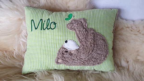 Kissen Taufkissen Bär Teddy Schmetterling grün Karo & Wunschnamen W1297