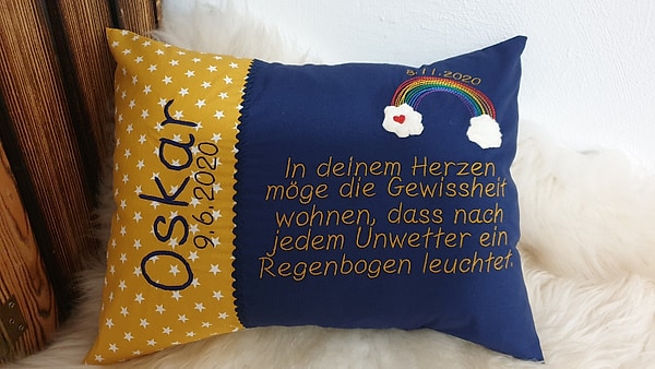 Taufkissen Kissen Taufspruch Spruch Regenbogen Sterne senf dunkelblau & Wunschnamen W1207