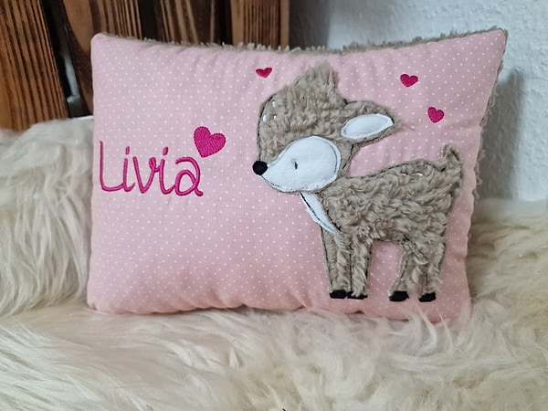 Kissen Taufkissen Reh Kitz rosa Punkte Plüsch & Wunschnamen W909