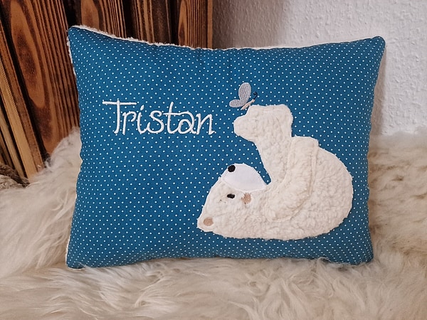 Kissen Taufkissen Eisbär Teddy Schmetterling petrol Punkte & Wunschnamen W852