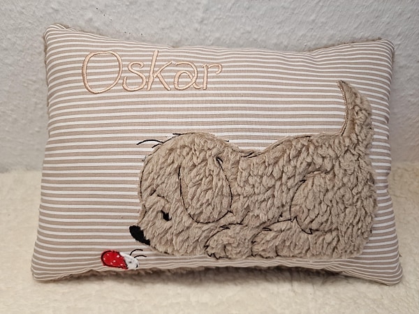 Kissen Taufkissen Hund Marienkäfer beige Streifen & Wunschnamen W1545