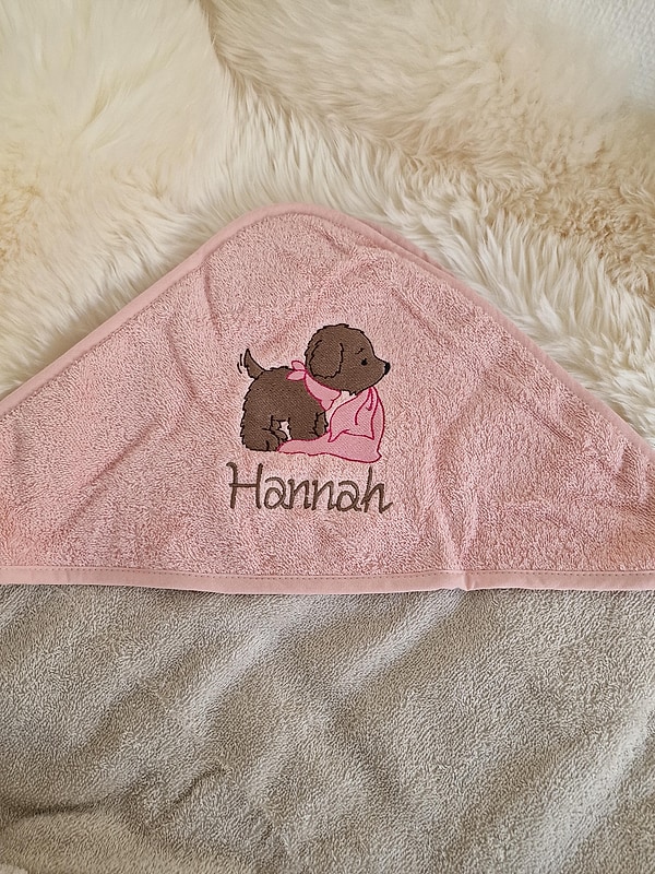 Babybadetuch Kapuzenhandtuch Hund Dog Decke kuscheln rosa greige & Wunschname W1878