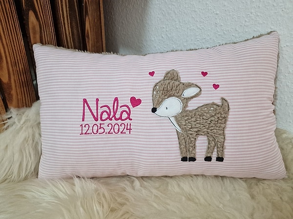 Kissen Taufkissen Reh Kitz Streifen rosa Plüsch & Wunschnamen W920