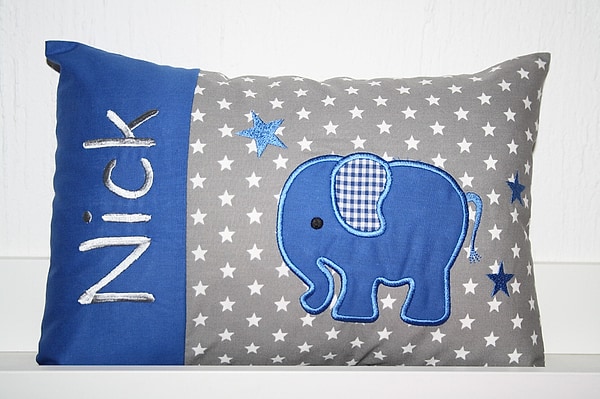 Kissen Elefant uni royal Sterne grau & Wunschnamen W1425