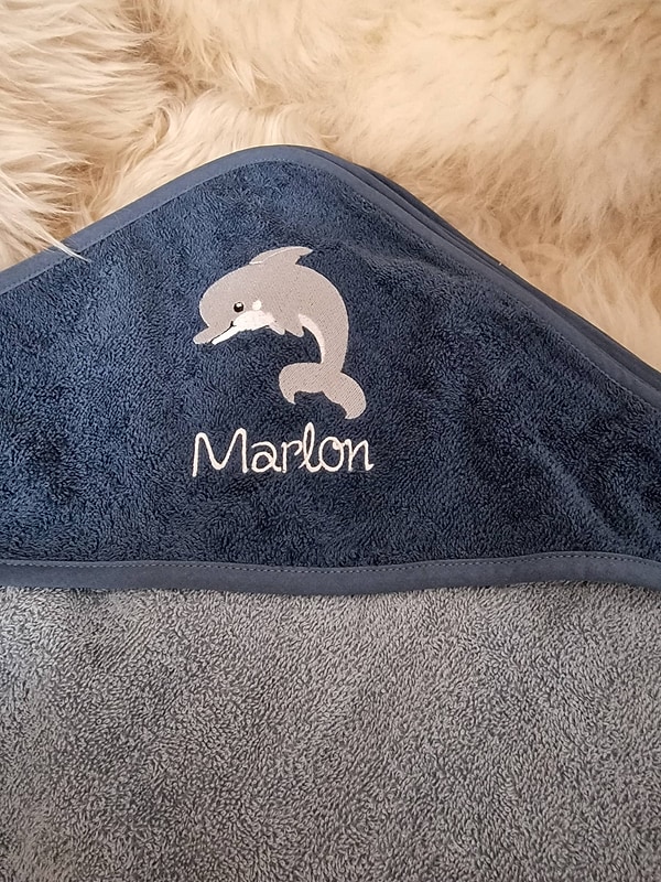Babybadetuch Kapuzenhandtuch Delfin Delphin stahl-dunkelblau & Wunschname W418