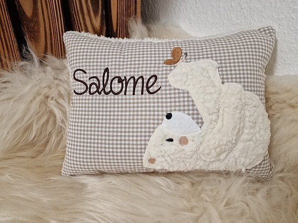 Kissen Taufkissen Bär Teddy Eisbär Schmetterling beige Karo & Wunschnamen W745