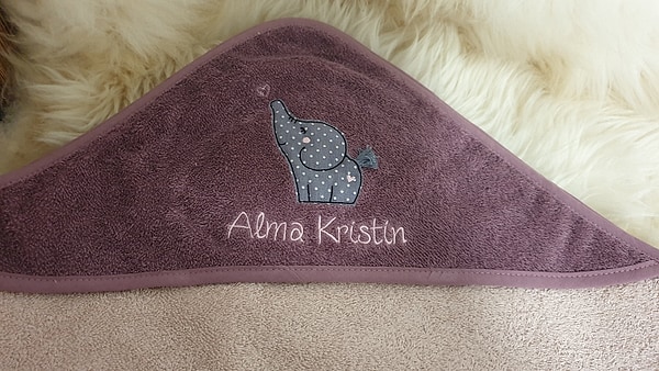 Babybadetuch Kapuzenhandtuch Elefant mauve & Wunschname W481