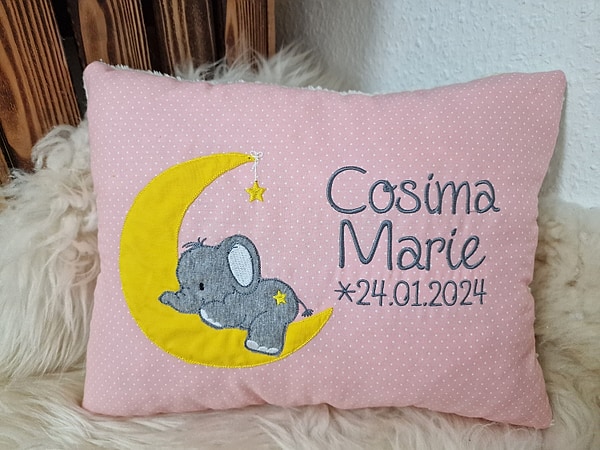 Kissen Taufkissen Elefant im Mond rosa Punkte & Wunschnamen W863