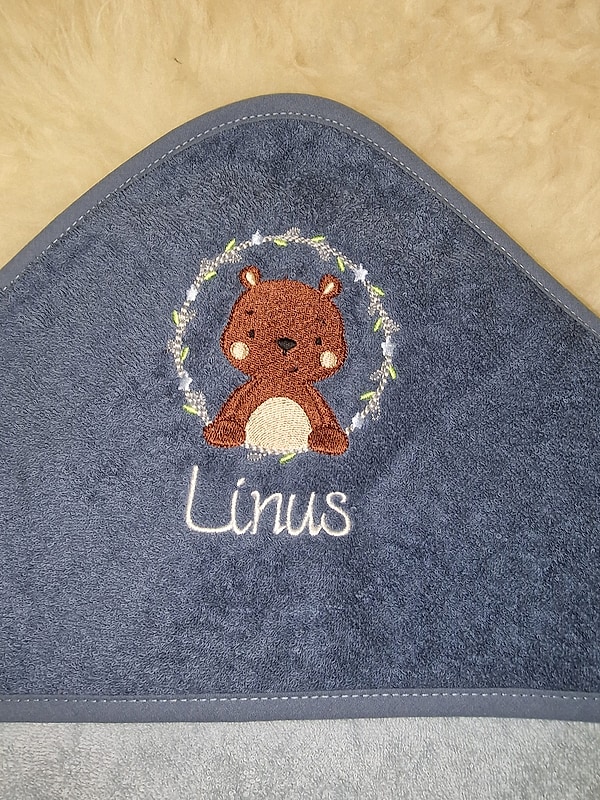 Babybadetuch Kapuzenhandtuch Bär Teddy Sterne stahlblau & Wunschname W336