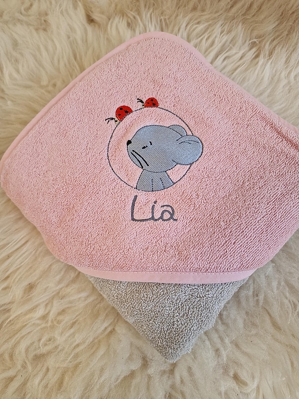 Babybadetuch Kapuzenhandtuch Maus Mäuschen Marienkäfer rosa/greige & Wunschname W375