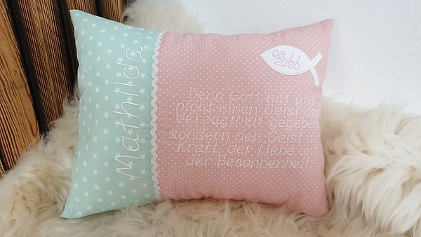 Taufkissen Kissen Taufspruch Spruch Fisch Sterne mint rosa Punkte & Wunschnamen W1364