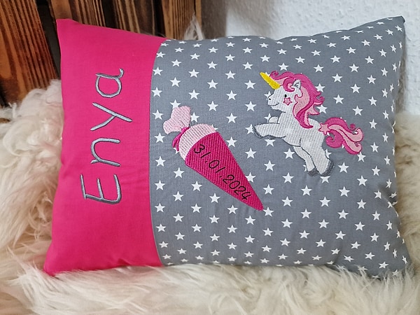 Kissen Schultüte Einhorn Einschulung pink grau & Wunschnamen W1388