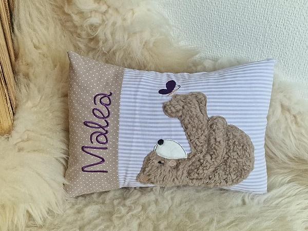 Kissen Taufkissen Bär Teddy Schmetterling Punkte hellbeige Streifen flieder lila 2tl & Wunschnamen W1790