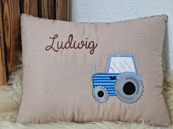 Kissen Taufkissen Traktor hellbeige Punkte & Wunschnamen W1584