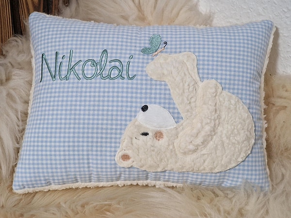 Kissen Bär Eisbär Teddy Schmetterling blau Karo Schrift mint& Wunschnamen W1553