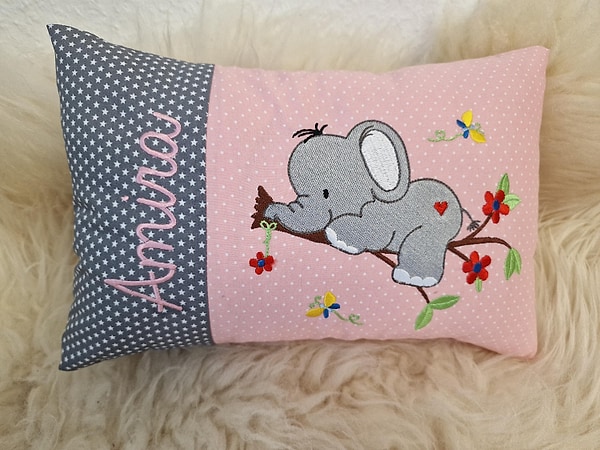 Kissen Elefant auf dem Ast kleine Sterne grau Punkte rosa & Wunschnamen W1496