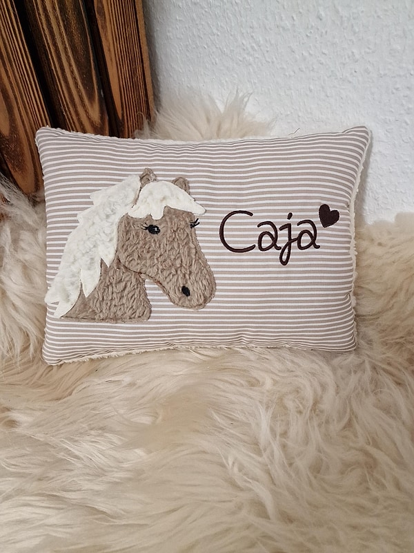 Kissen Taufkissen Pferd Pony beige Streifen & Wunschnamen W1635