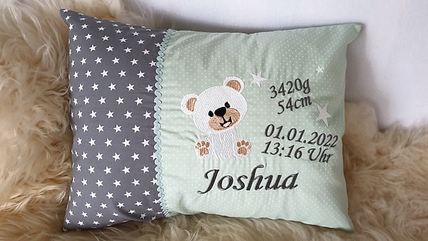 Kissen Geburtskissen Eisbär Sterne grau Punkte mint & Wunschnamen W1002