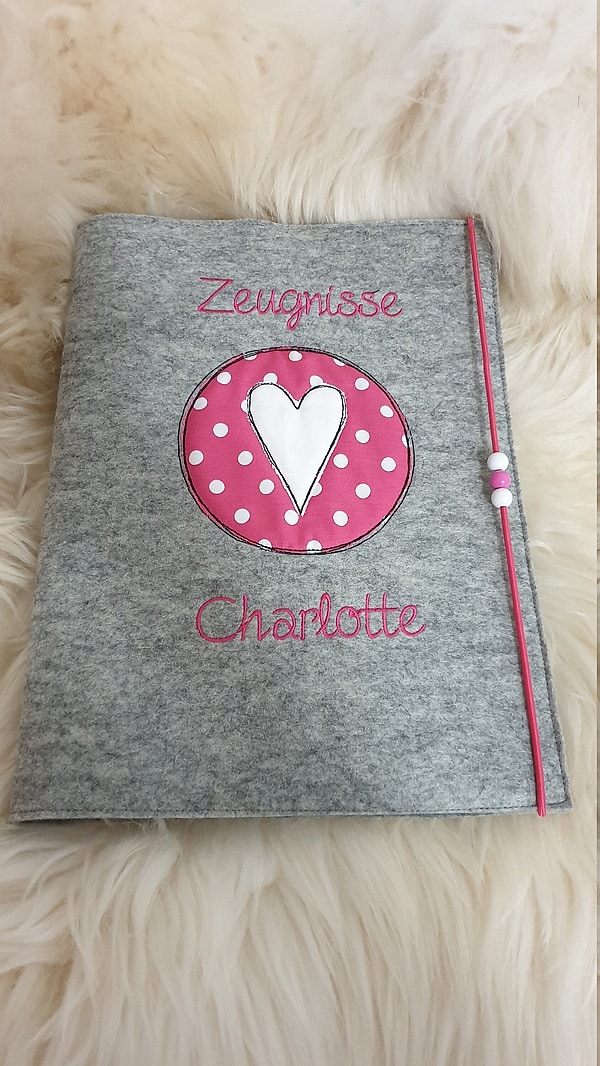 Zeugnismappe Herz im Kreis pink weiss Dots Wollfilz mit Namen W1480