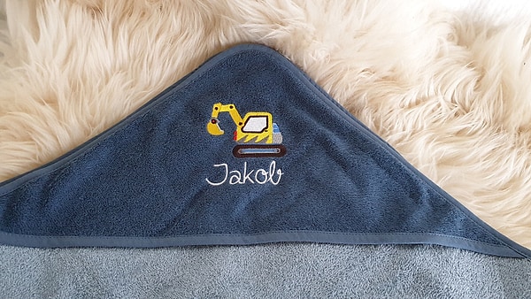 Babybadetuch Kapuzenhandtuch Bagger stahl-dunkelblau & Wunschname W344