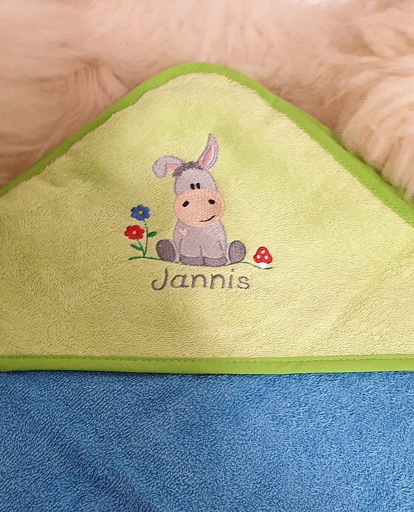 Babybadetuch Kapuzenhandtuch Esel Eselchen grün blau & Wunschname W597