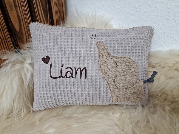 Kissen Taufkissen Elefant Herzchen Waffel (hell) beige & Wunschnamen W1619