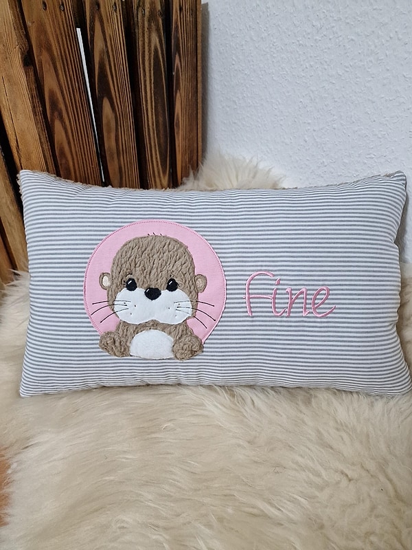 Kissen Taufkissen Otter Streifen grau rosa & Wunschnamen W1590