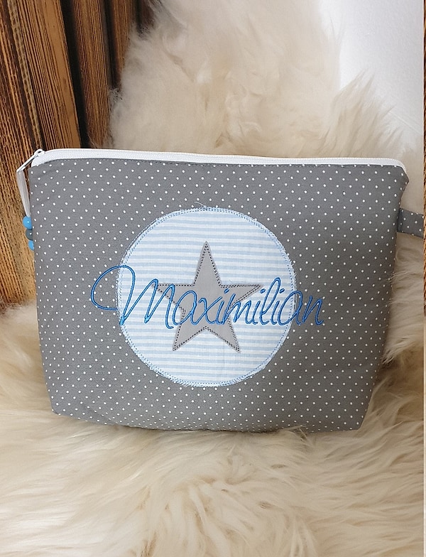 Windeltasche Kulturtasche Stern im Kreis grau blau mit Namen W181